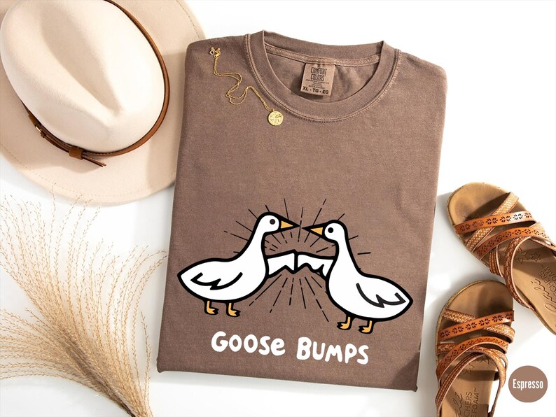 May include: A brown t-shirt with a white goose design and the text "Goose Bumps".