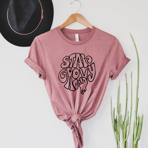 May include: A pink t-shirt with the text "Stay Groovy" in black lettering.