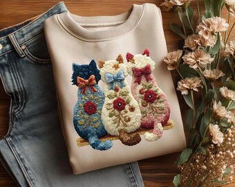 Cats Flower Faux Knit Sweatshirt, Cute Cat Lover Sweater, Cat Lover Gift, Funny Cat Long Sleeve Shirt, Cool Cat, Cat Shirt, Cat Lover Gift