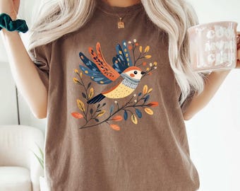 Comfort Colors® Retro Botanical Birds T-shirt, Scandinavian Folk Art Bird, Vintage Botanical Birds Sweatshirt Unisex Crewneck, Bird Shirt