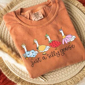 May include: Burnt orange Comfort Colors t-shirt featuring four cartoon geese dressed in whimsical outfits. The text "just a silly goose" is printed below the geese. The shirt is folded on a woven straw mat.