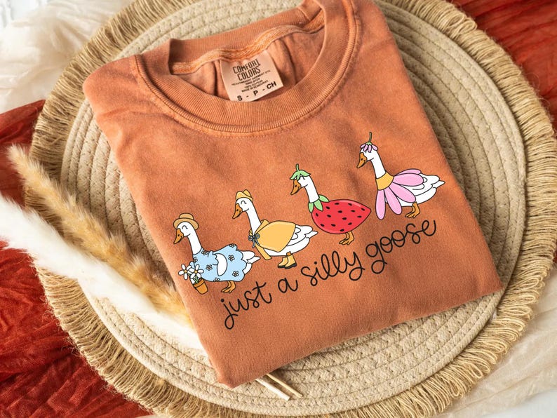 May include: Burnt orange Comfort Colors t-shirt featuring four cartoon geese dressed in whimsical outfits. The text "just a silly goose" is printed below the geese. The shirt is folded on a woven straw mat.
