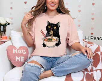 Noodle Cat Shirt, Ramen Cat T-Shirt, Foodie Lover Shirts, Black Cat Noodle T-Shirts, Retro Cat Tees, Cat Lover Sweatshirts, Black Cat Tshirt