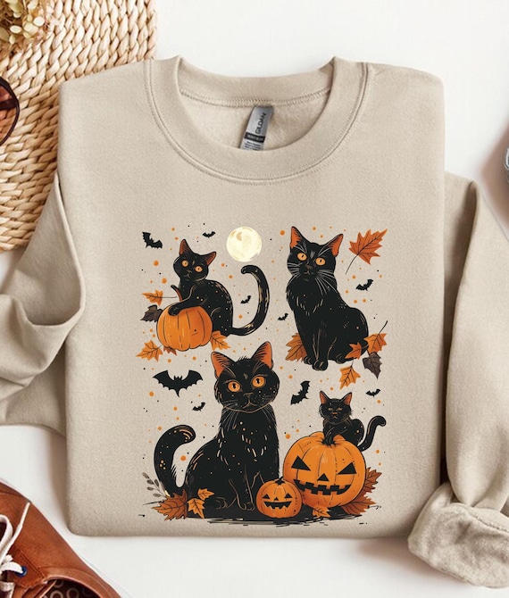 Retro Halloween Shirt,Halloween Cat Shirt, Vintage Halloween Shirt, Retro Halloween, Fall Apparel,Spooky Season Tee Pumpkin Shirt Black Cat