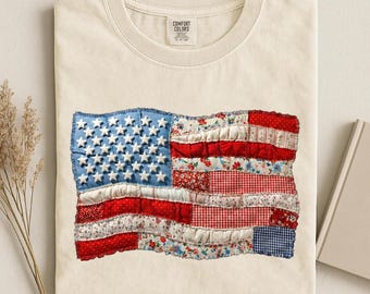 Comfort Colors® 4th of July Shirt, Retro American Flag Shirt,Faux Patchwork USA Shirt, Patriotic Shirt, Fourth of July Shirt, USA Flag Shirt