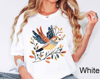 Retro Botanical Birds T-shirt, Scandinavian Folk Art Bird, Vintage Botanical Birds Sweatshirt Unisex Crewneck, Soft Cotton Blend, Bird Shirt