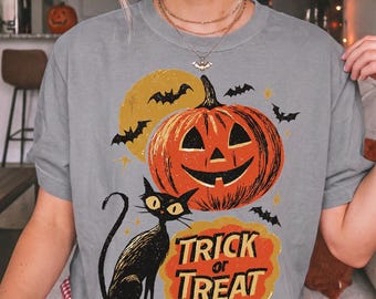 Comfort Colors® Vintage Halloween Shirt, Black Cat Pumpkin Tee, Retro Trick or Treat T-Shirt, Comfort Colors Graphic Tee,Spooky Season Shirt