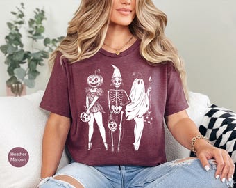 Spooky Girl Squad Shirt, Skeleton Ghost Pumpkin T Shirt, Witchy Fall Shirt, Retro Halloween Sweatshirt, Halloween Gift, Girly Halloween Tee