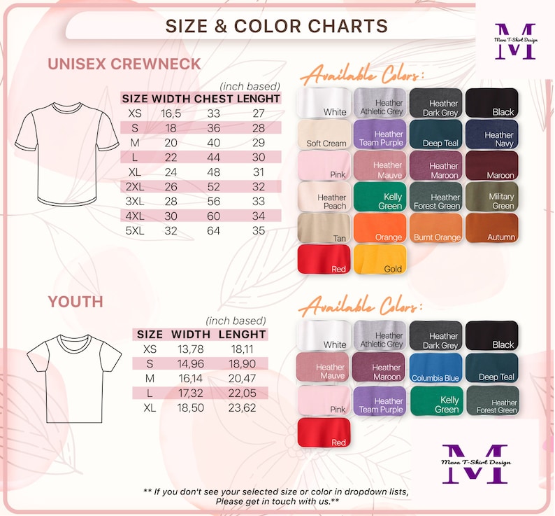 Op de afbeelding: Maat- en kleurtabellen voor unisex en jeugd crewneck t-shirts. De tabellen tonen de breedte, borst en lengte in inches voor elke maat. De beschikbare kleuren zijn wit, heather athletic grey, heather dark grey, zwart, soft cream, team purple, deep teal, heather navy, roze, heather mauve, heather maroon, maroon, heather peach, kelly green, heather forest green, military green, tan, oranje, burnt orange, autumn, rood en goud.
