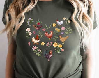Wildflower Chicken Shirt, Ladies Chicken Tshirt, Chicken T shirt, Chicken Lover, Chicken mom Tee, Cottagecore Farm Girl T-shirt, Farmer Gift