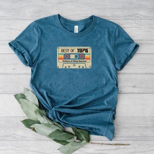 May include: A teal blue t-shirt featuring a vintage cassette tape graphic. The tape has the text "Best of 1976" and "18 Years of Being Awesome".