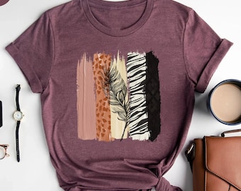 Unique Safari Brush Strokes with Black Feather Tee, Animal Print Design on Premium, Animal Print Tee, Watercolor Print Shirt, Vintage Shirt