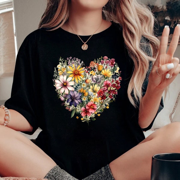 Flower Heart TShirt, Wild flowers, Flower Shirt, Sunflower shirt T-Shirts, Valentine Shirt, Love Shirt, Floral Heart Shirt, Sentimental Gift
