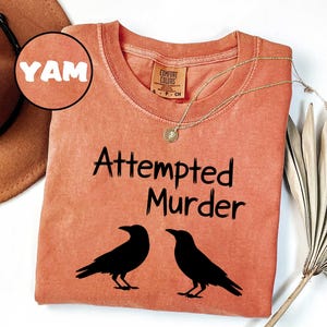May include: A coral-colored t-shirt with the phrase "Attempted Murder" in black, along with two black raven silhouettes. A gold necklace with a pendant is draped on the shirt. The shirt has a Comfort Colors tag.