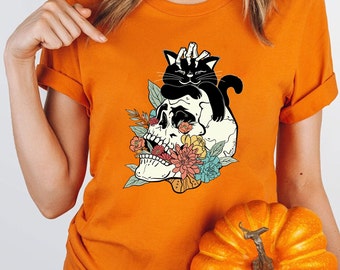 Black Cat on Skull shirt, Skull And Black Cat Shirt, Shirt For Fall, Halloween Black Cat T-shirt, Halloween Black Cat Design, Fall T-shirt