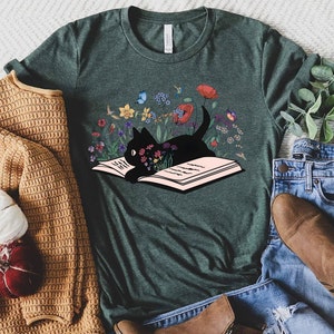 Floral Cat Shirt, Cat Lover T-shirt, Cat Book Shirt, Cat Lover Gift, Gift for Her, Cat Mom Shirt Gift, Cute Cat Shirts, Cute Book Cat Tshirt