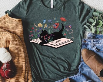 Floral Cat Shirt, Cat Lover T-shirt, Cat Book Shirt, Cat Lover Gift, Gift for Her, Cat Mom Shirt Gift, Cute Cat Shirts, Cute Book Cat Tshirt