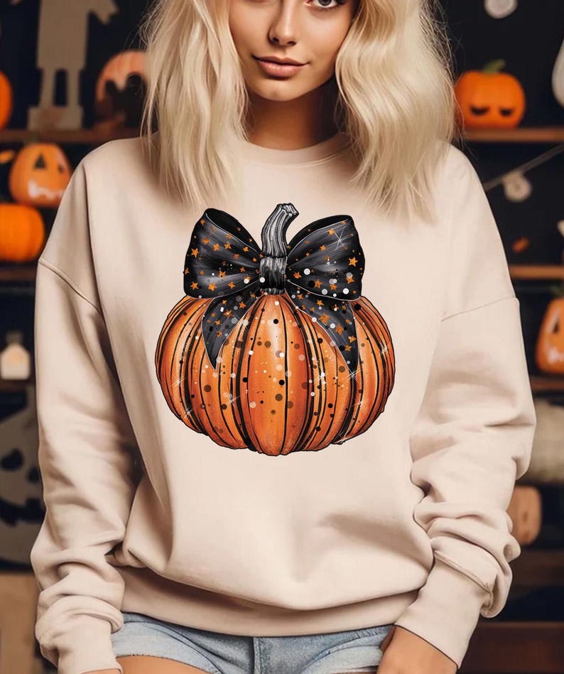 May include: A beige sweatshirt featuring a graphic of an orange pumpkin with a black bow and gold glitter. The pumpkin has a black stem and black stripes.