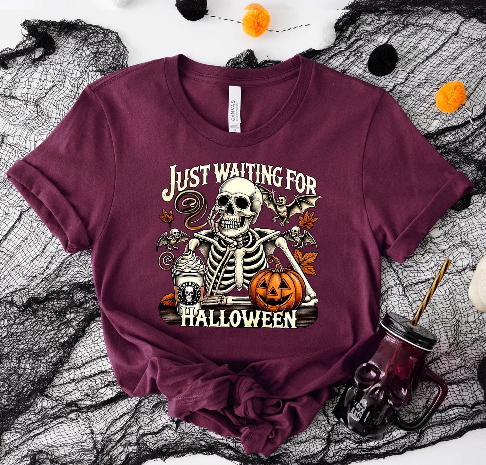 Just Waiting for Halloween Sweatshirt, Halloween Tee, Funny Halloween Shirt, Skeleton Halloween, Skeleton Dancing Shirt, Tis The Season Tee