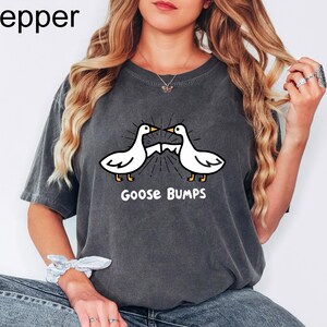 May include: A dark grey t-shirt with a white graphic of two geese facing each other with the text "Goose Bumps" underneath.