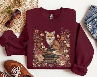Fox and Book Sweatshirt, Cute Flower Fox Sweatshirt, Vintage Floral Cottagecore Shirt, Fairycore Tee, Forestcore Tshirt, Botanical Fox Shirt