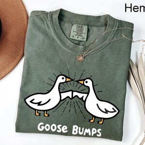May include: A green t-shirt featuring a graphic of two geese facing each other with the text "Goose Bumps" printed below. The shirt is made from hemp.