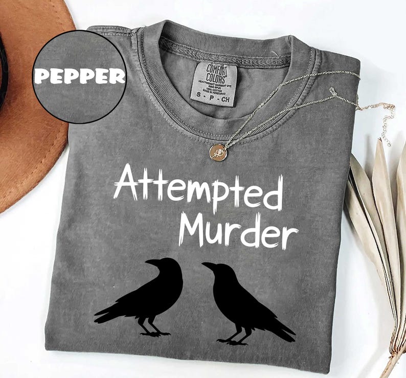 May include: A gray t-shirt with the words "Attempted Murder" and two black crow silhouettes. The shirt has a crew neck and a small tag. A silver necklace with a pendant is draped on the shirt.