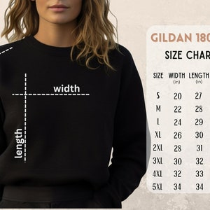 May include: Size chart for Gildan 18000 sweatshirts, showing width, length, and sleeve measurements in inches for sizes S through 5XL.