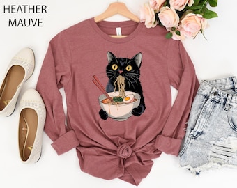Noodle Cat Sweatshirt, Ramen Cat T-Shirt, Foodie Lover Shirts, Black Cat Noodle T-Shirts, Retro Cat Tees, Cat Lover Shirts, Black Cat Tshirt