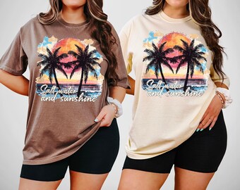 Comfort Colors® Salt Water and Sunshine T-shirt,Salty Mom,Trendy Summer Shirts,Beach Tee,Retro Beach Girl Shirt,Palm Tree Shirt,Sunset Shirt