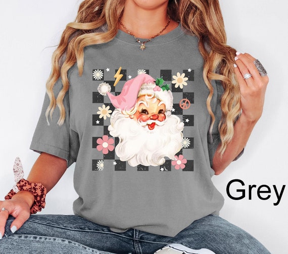 Comfort Colors® Christmas Checkered Pink Santa Tee, Retro Santa Shirt, Christmas For Women, Retro Christmas Shirt, Christmas Shirt For Women