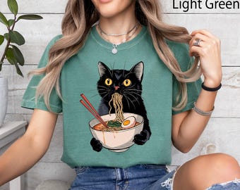 Comfort Colors® Noodle Cat Shirt, Ramen Cat Shirt, Foodie Lover Shirts, Black Cat Noodle T-Shirt, Retro Cat Tees, Cat Lover Sweatshirts