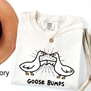 May include: Ivory t-shirt featuring a graphic of two geese facing each other with the text "Goose Bumps" below.