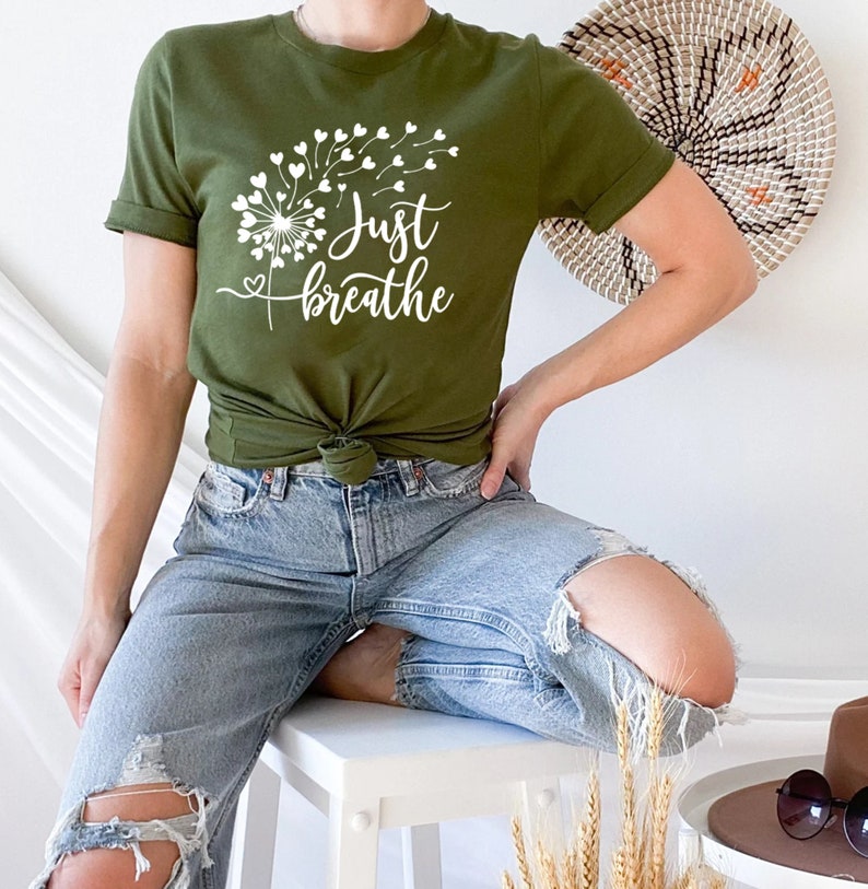 Just Breathe Shirt, Meditation Tshirt, Yoga T-Shirt, Inspirational Shirt, Motivational Gifts, Positive Tee, Relax Shirt For Womens,Dandelion imagen 7