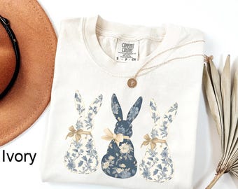 Comfort Colors® Floral Blue Bunny T-shirt, Cute Easter Coquette Bow Shirt, Trendy Bunny Women's Sweatshirt, Coquette Easter Bunny Tee,Easter