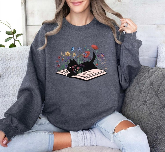 Floral Cat Sweatshirt, Cat Lover Shirt, Cat Book Shirt, Cat Lover Gift, Gift for Her, Cat Mom Shirt Gift,Cute Cat Shirts,Cute Book Cat Shirt