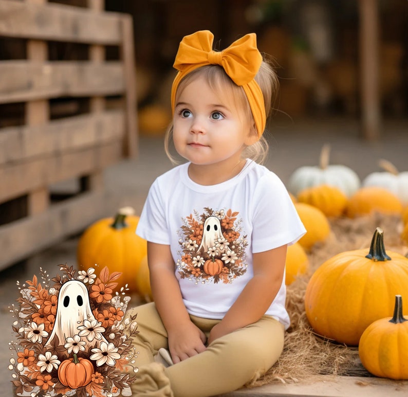 May include: A young child wearing a white t-shirt with a ghost and floral design, paired with mustard-colored pants and a matching headband. The background features pumpkins and a wooden structure, creating a fall theme.