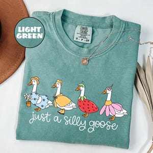 May include: Light green Comfort Colors t-shirt featuring a whimsical illustration of four geese dressed in various outfits. The phrase "just a silly goose" is written in white script below the geese. A silver necklace with a small pendant is also visible.
