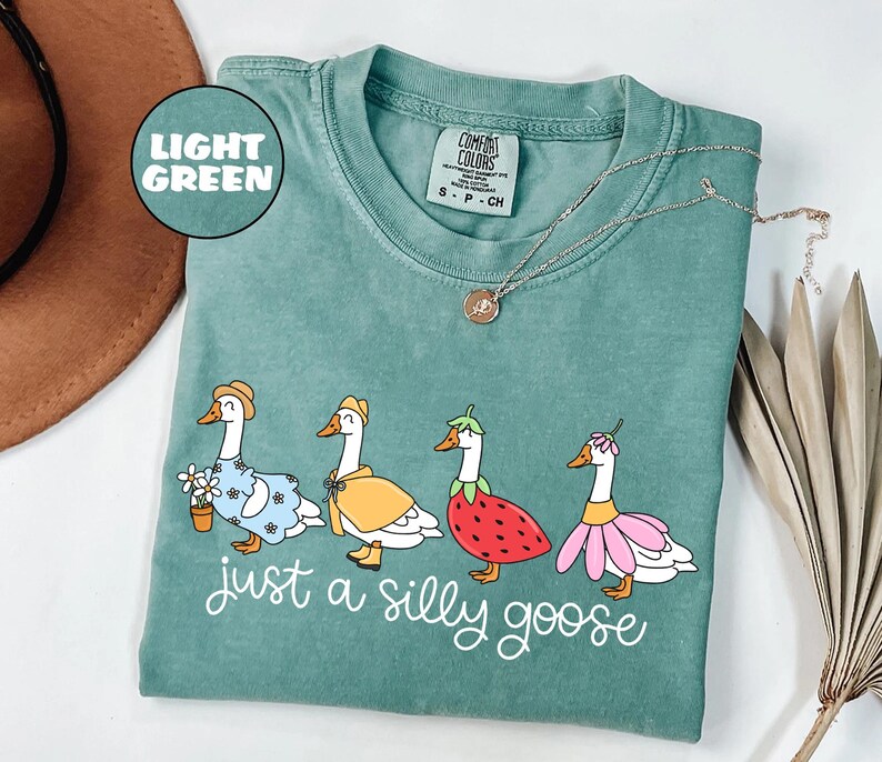 May include: Light green Comfort Colors t-shirt featuring a whimsical illustration of four geese dressed in various outfits. The phrase "just a silly goose" is written in white script below the geese. A silver necklace with a small pendant is also visible.