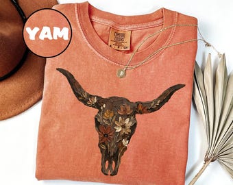 Comfort Colors®Boho Cow Skull Shirt, Western Graphic Tee, Bull Skull Shirt,Cowgirl Tshirt, Cowboy Shirt,Country Girl Shirt,Western Clothing