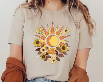Bohemian Retro Sun Moon Sweatshirt, Boho Floral Sweatshirt, Hippie Sweat, Botanical Floral Celestial Sweatshirt, Mushroom And Moon T-shirt