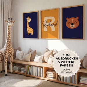 Conjunto de 3 carteles infantiles personalizados con nombre, descarga digital, decoración infantil, póster para habitación de bebé, jirafa, nombre y oso.