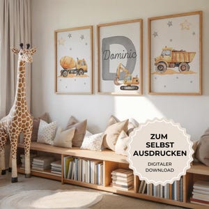 Personalisierte Kinderzimmer – 3er-Set | Kinderzimmerposter Bagger | Poster Kinderzimmerdeko | Babyzimmer | Baustellenfahrzeuge Baggerplakat