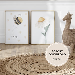 2er-Set Poster Kinderzimmerposter Biene Happy| Plakat | Mädchenposter Kinderzimmer süß | Biene Blume | Sofort-Download | Digital | Deko