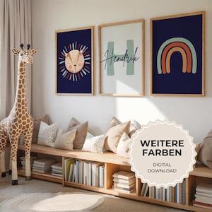 Lote de 3 carteles infantiles león boho | Nombre personalizado y arcoíris | Descarga digital | Decoración de la habitación de los niños