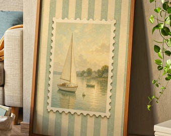 Sailing Postage Stamp Vintage Textured Style Wall Art Print | Nautical Coastal Stripe Aesthetic decor