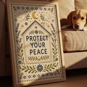 Protect Your Peace Folk Embroidery Quote Wall Art Print | Cottagecore Needlepoint Cozy Aesthetic decor