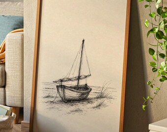 Vintage Sketch Sailboat Wall Art Print | Retro Coastal Ink Illustration decor