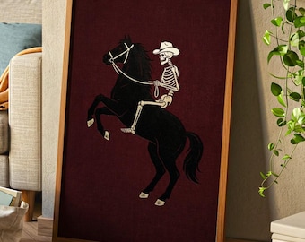 Lámina decorativa de pared con esqueleto de caballo salvaje estilo vaquero / Decoración folclórica americana oscura