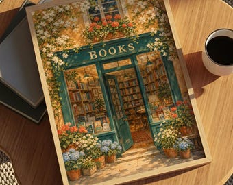 Cozy Spring Bookstore Wall Art Print | Romantic Vintage Illustration Decor